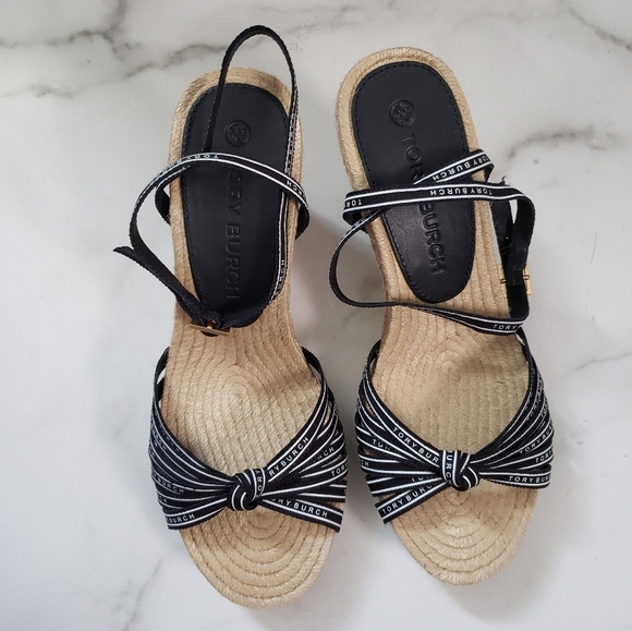 Tory Burch Ribbon Strappy Espadrille Wedge Sandals Pefect Navy Size 8.5 - Picture 3 of 7